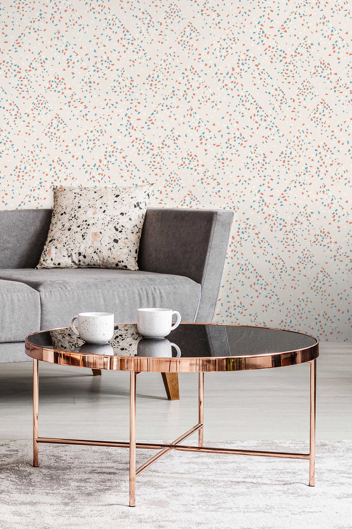 Vliestapete mit Terrazzo Muster – Blau, Rosa, Weiß