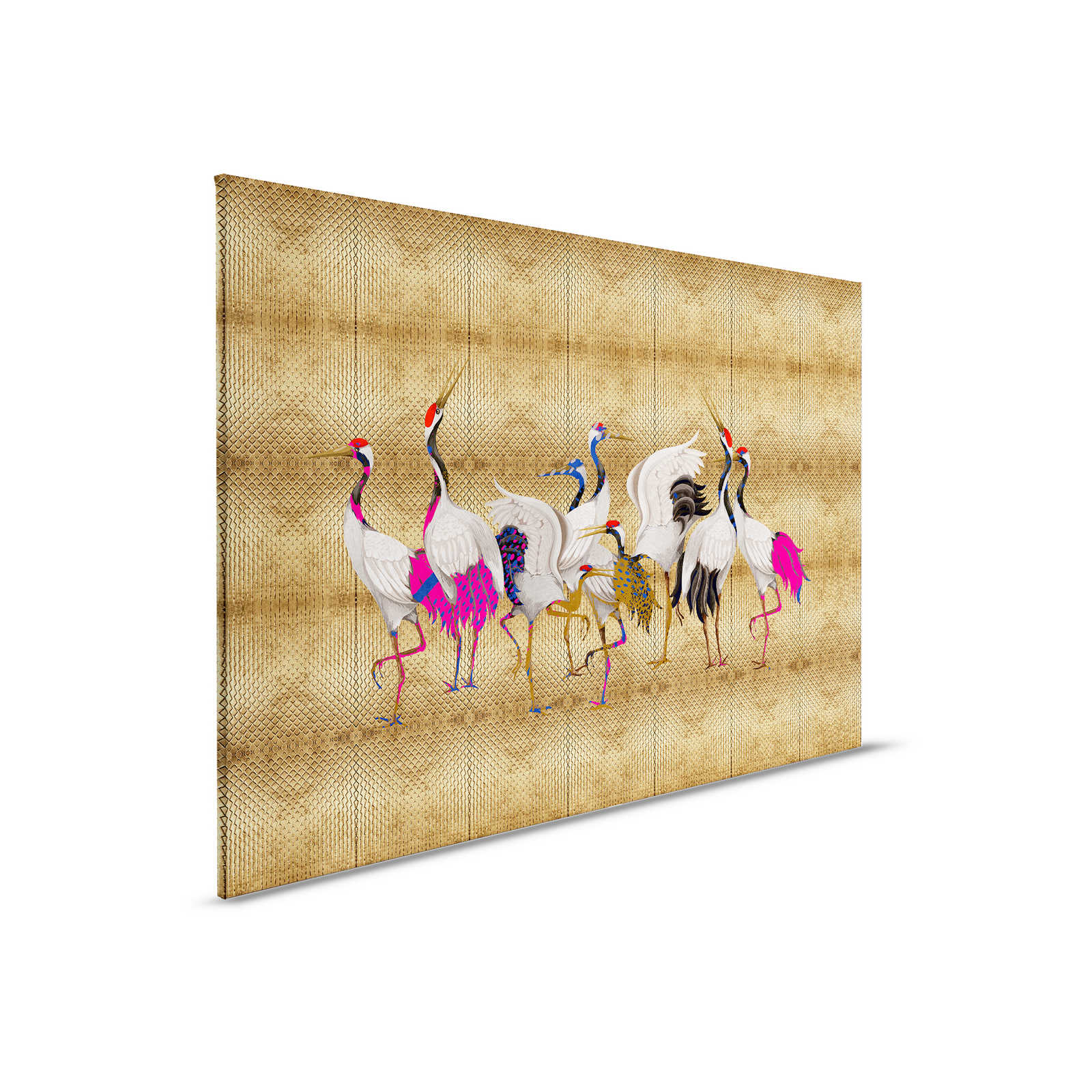         Land of Happiness 1 - Metallic Canvas Painting Gold with Colourful Crane Motif - 0.90 m x 0.60 m
    