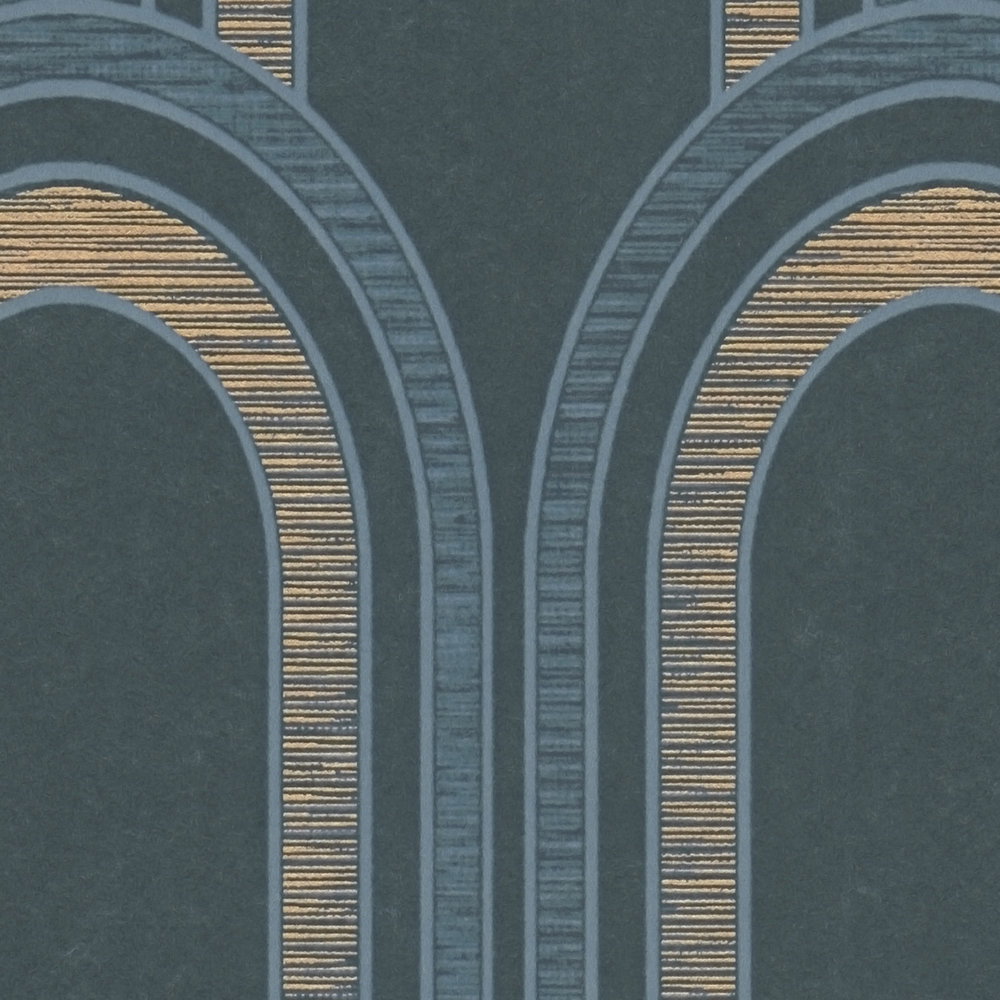 Tapete mit Bogenmuster und Glanzeffekt – Petrol, Blau, Gold