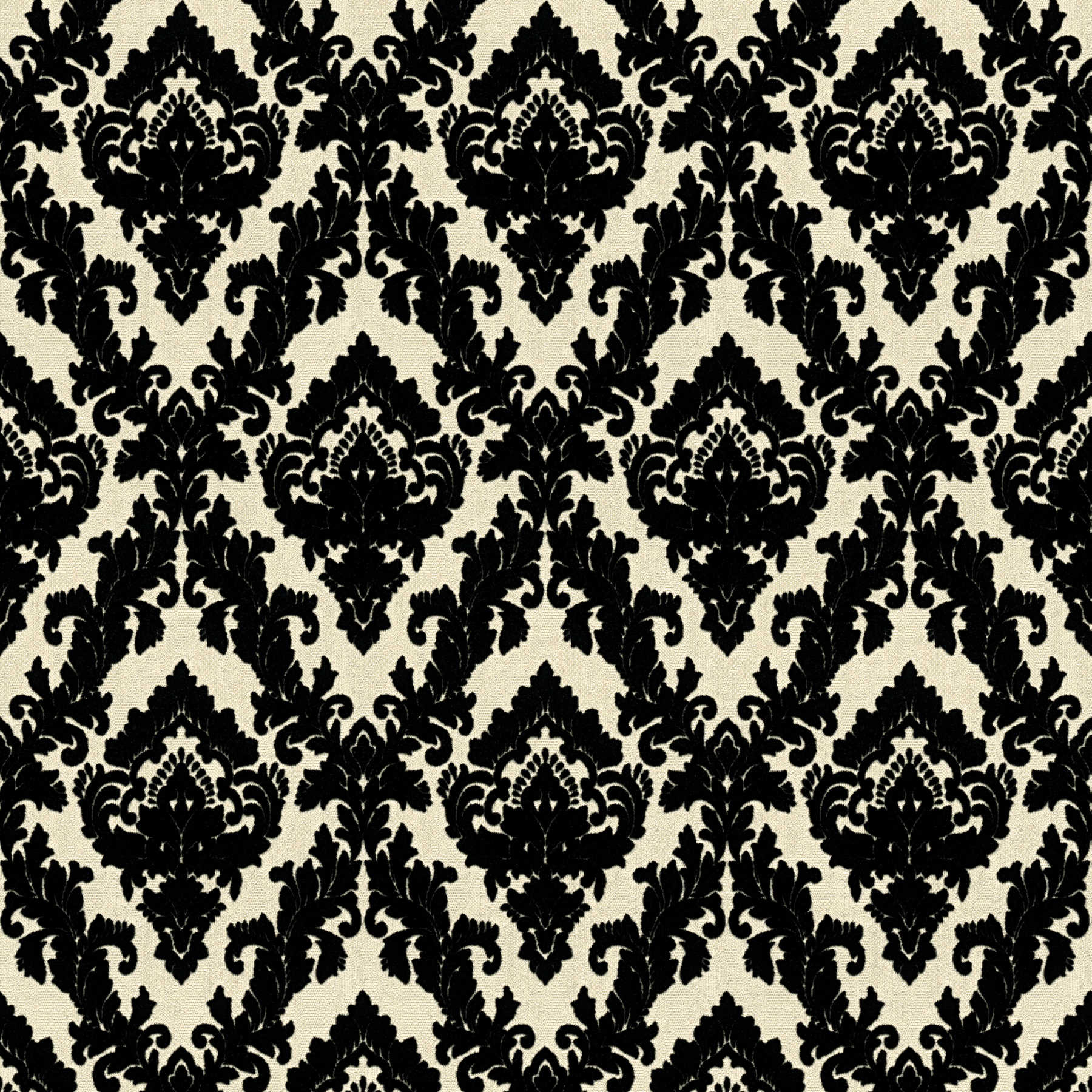         Barok behang met flock ornamenten & zijdeglans - crème, zwart
    