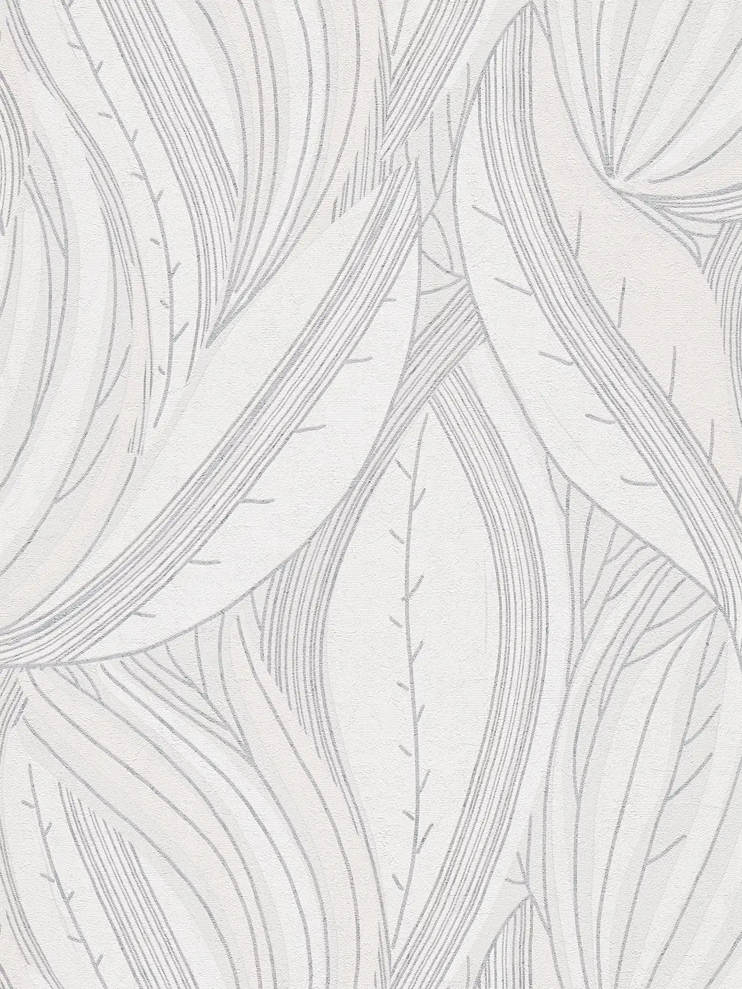 Zeitlose Vliestapete mit Blättermotiv im modernen Stil und fein strukturiert – Weiß, Hellgrau, Silber