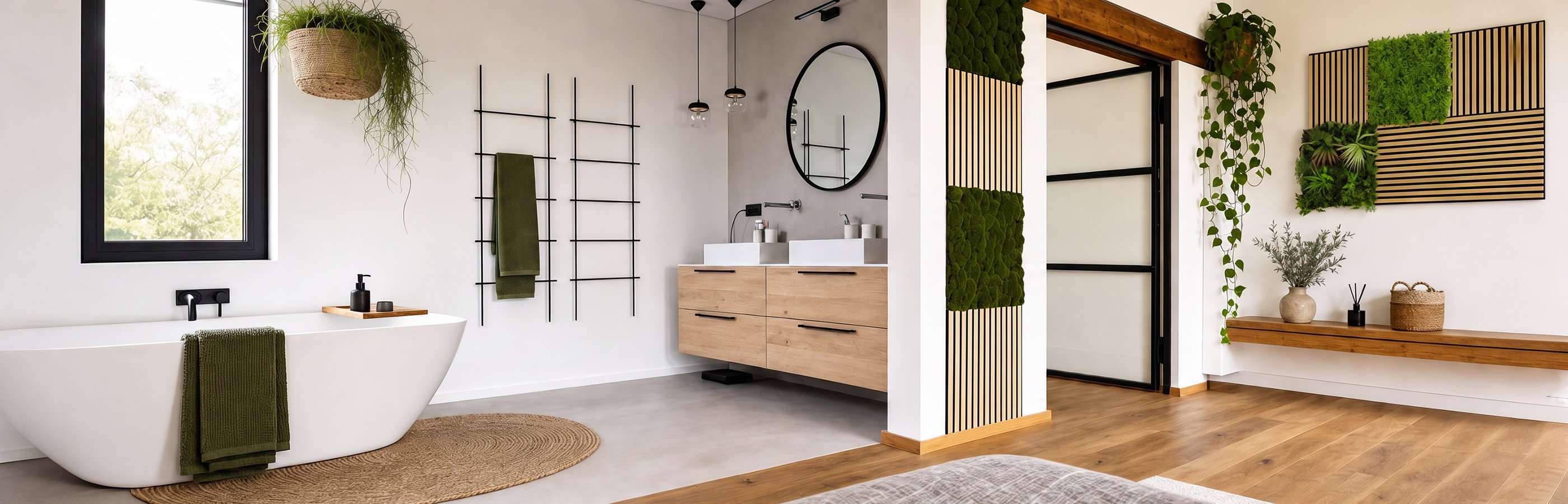 freistehende Badewanne, grünes Handtuch, Waschplatz, runder Spiegel, Pflanzen-Deko