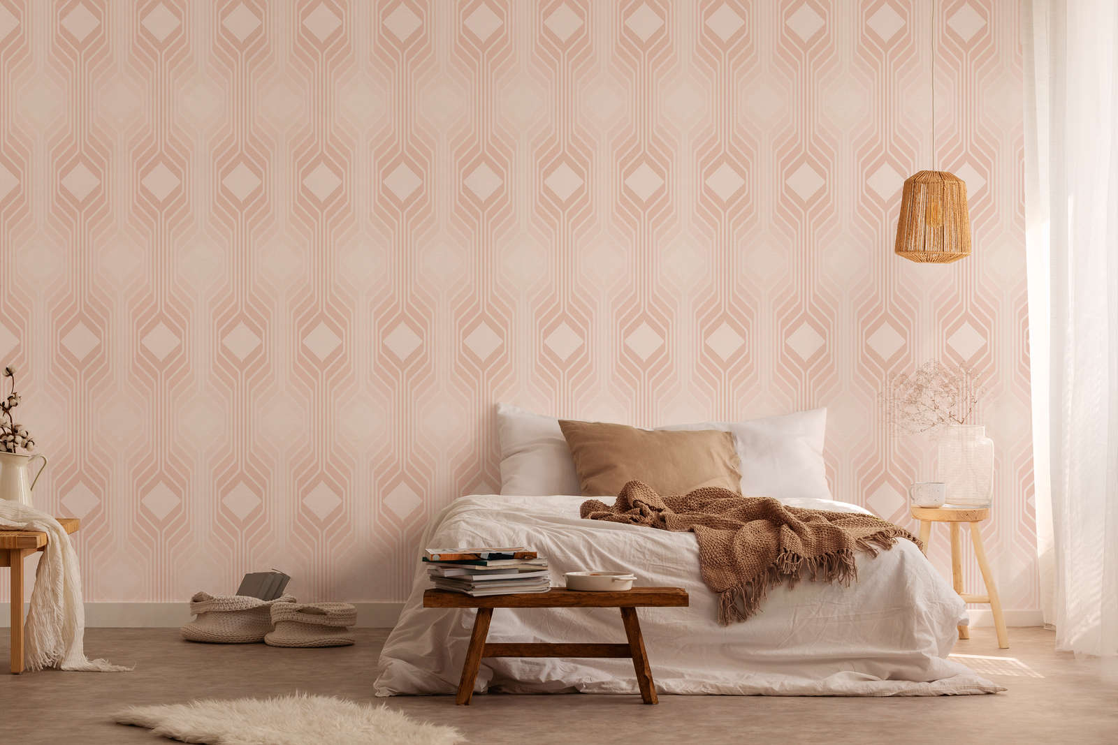             Vliestapete mit Rauten Muster im Retro Stil – Beige, Creme
        