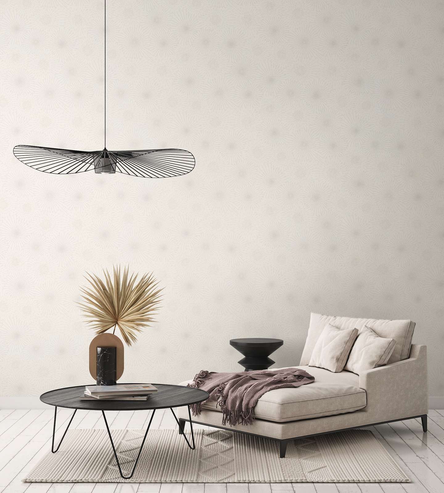             Weiße Tapete mit Retro Metallic Muster Starburst – Weiß
        