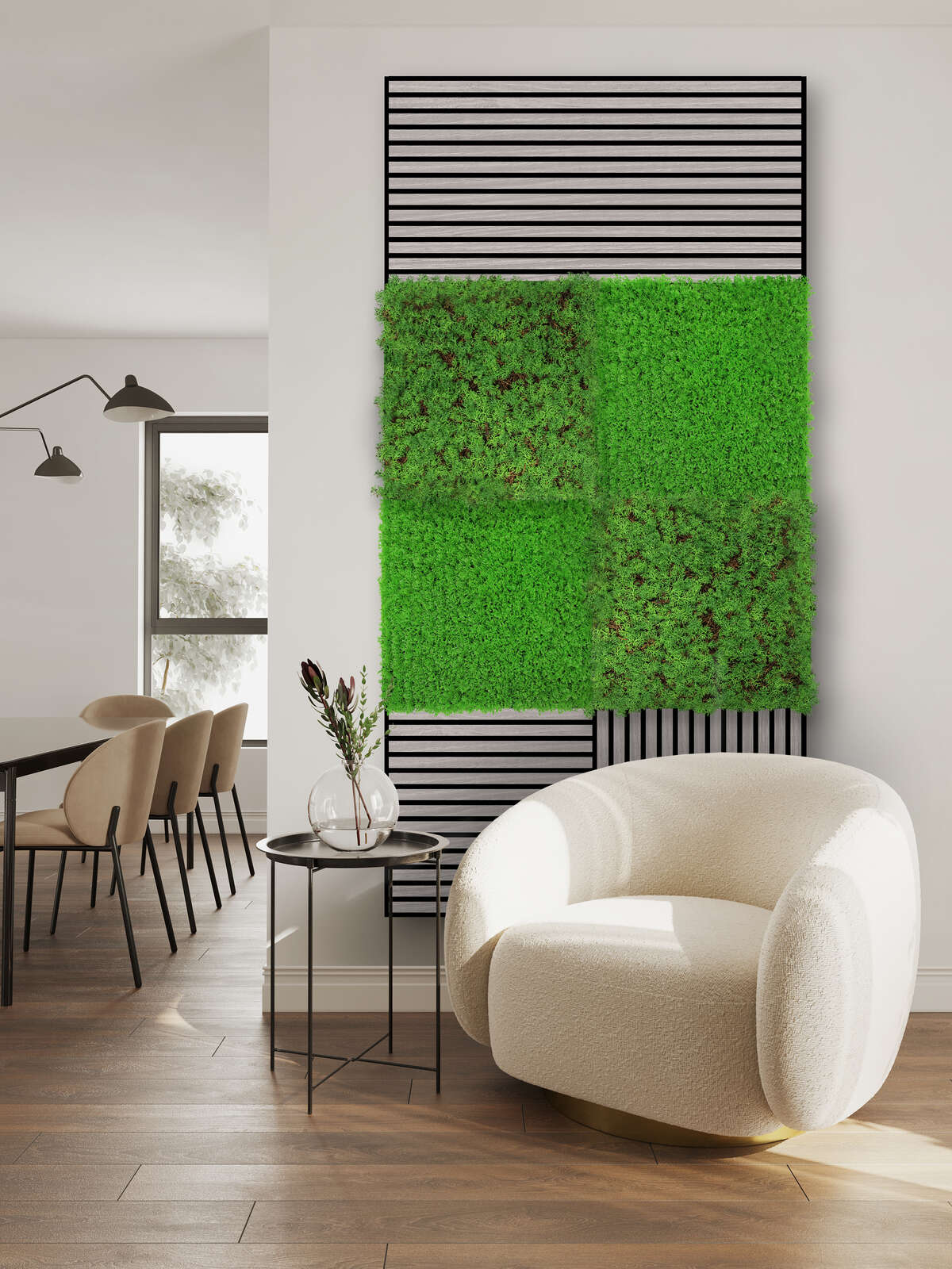 Wandbild, Pflanzenpanel, grüne Moss-Wand, Stuhl, Wohnzimmer