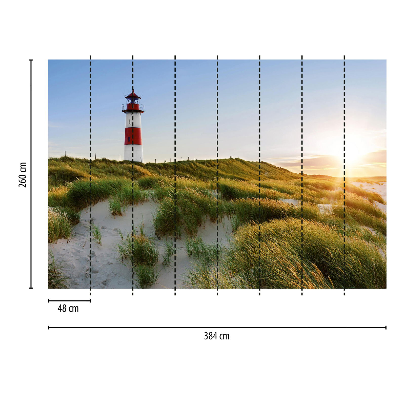             Strand muurschildering met duinen en vuurtoren
        