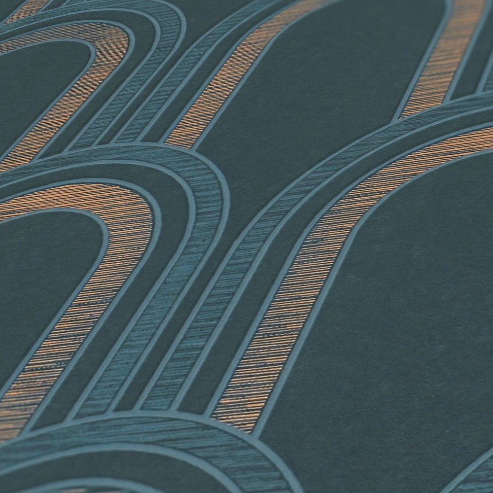 Tapete mit Bogenmuster und Glanzeffekt – Petrol, Blau, Gold
