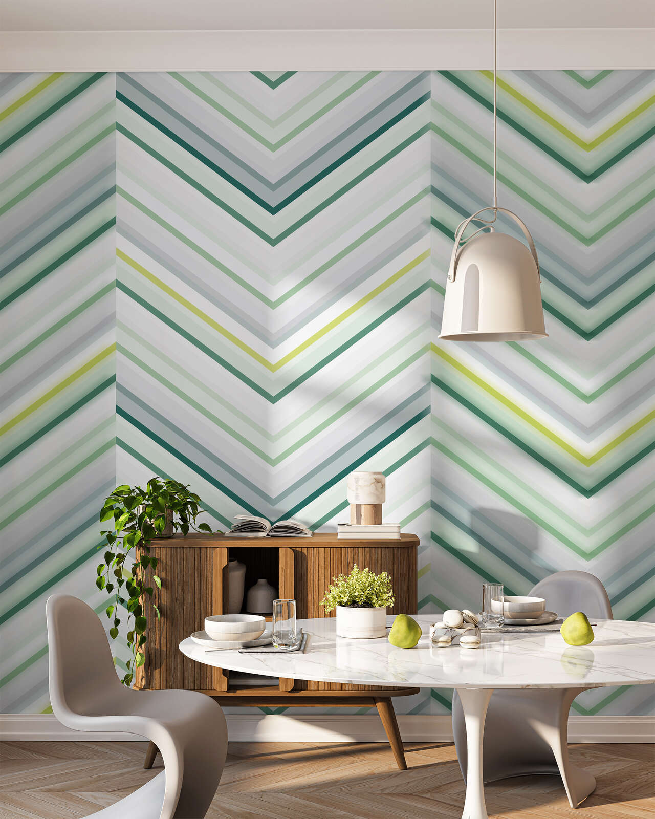 geometrische Tapete, Chevron-Muster, Pastellgrün, Esszimmer, Marmortischplatte