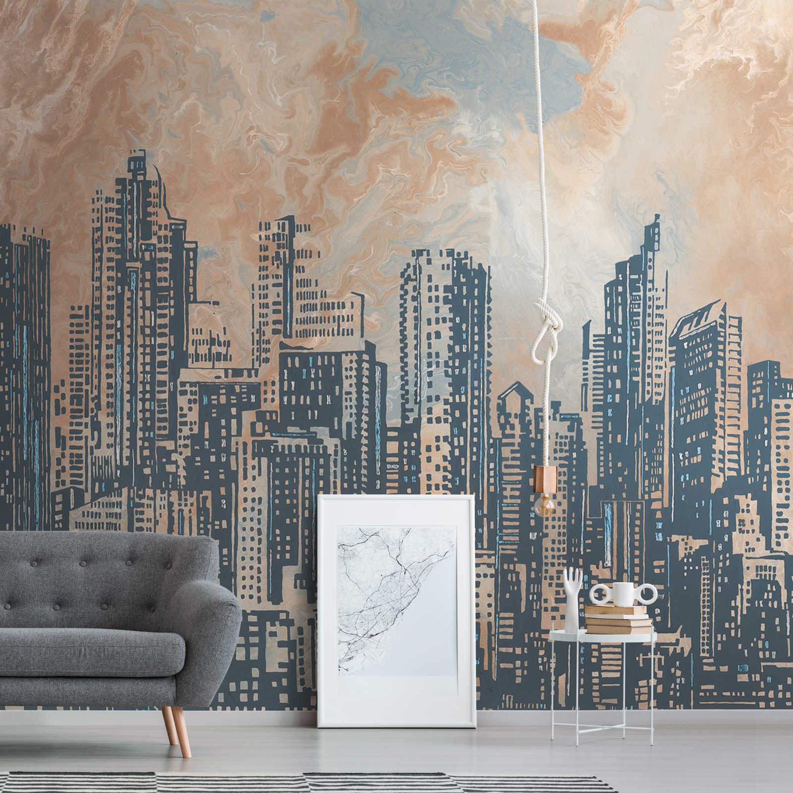         Non-woven wallpaper city skyline at dusk - orange, grey, blue
    