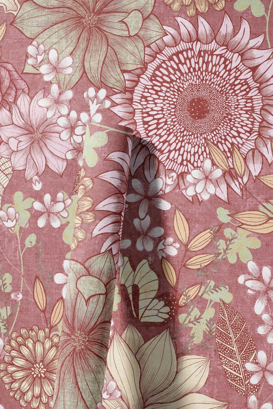 Florale Vliestapete mit verschiedenen Blüten und Blättern – Rosa, Weiß, Creme