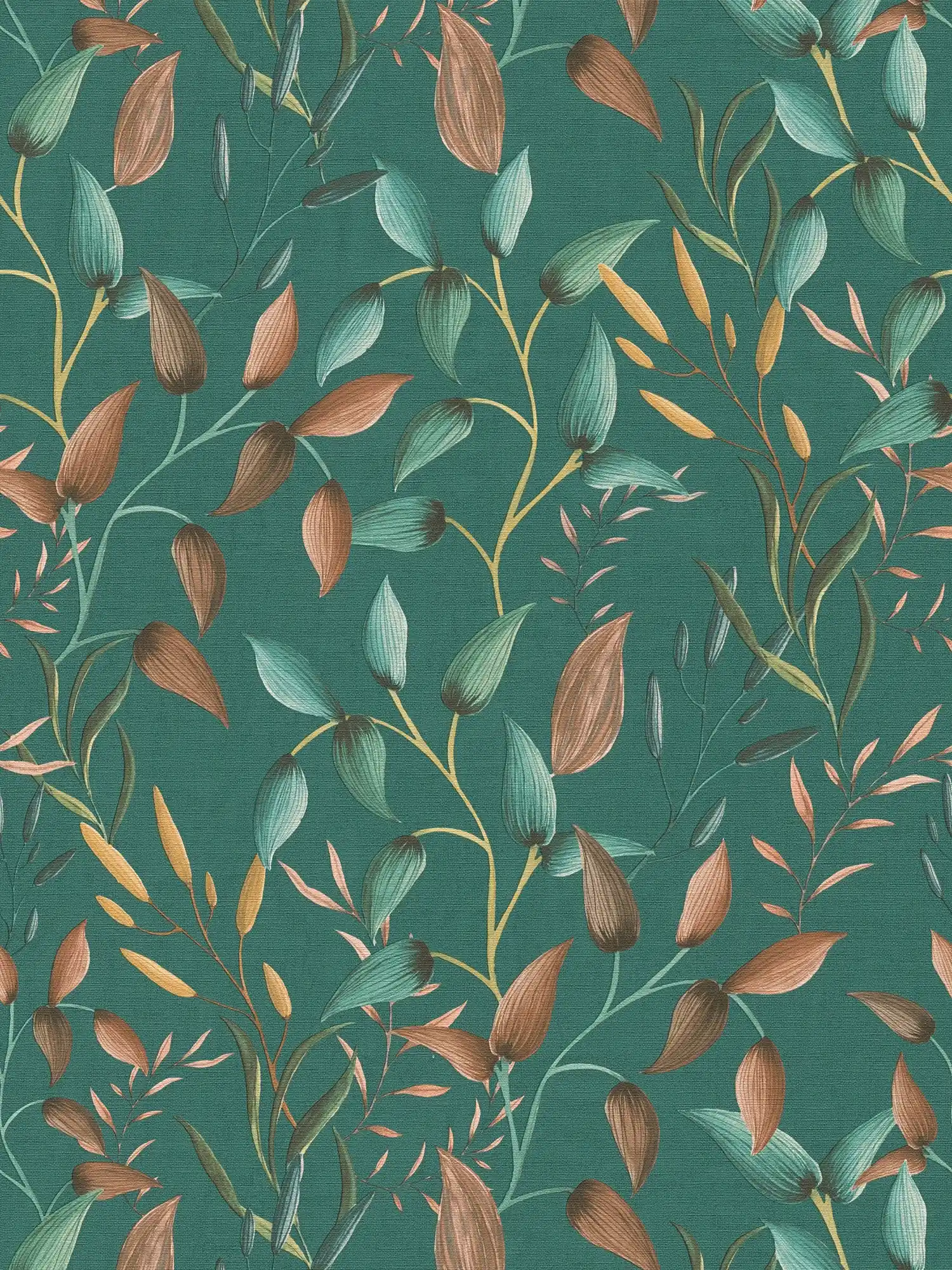         Gebloemd vliesbehang met rankenmotief - groen, petrol, oranje
    