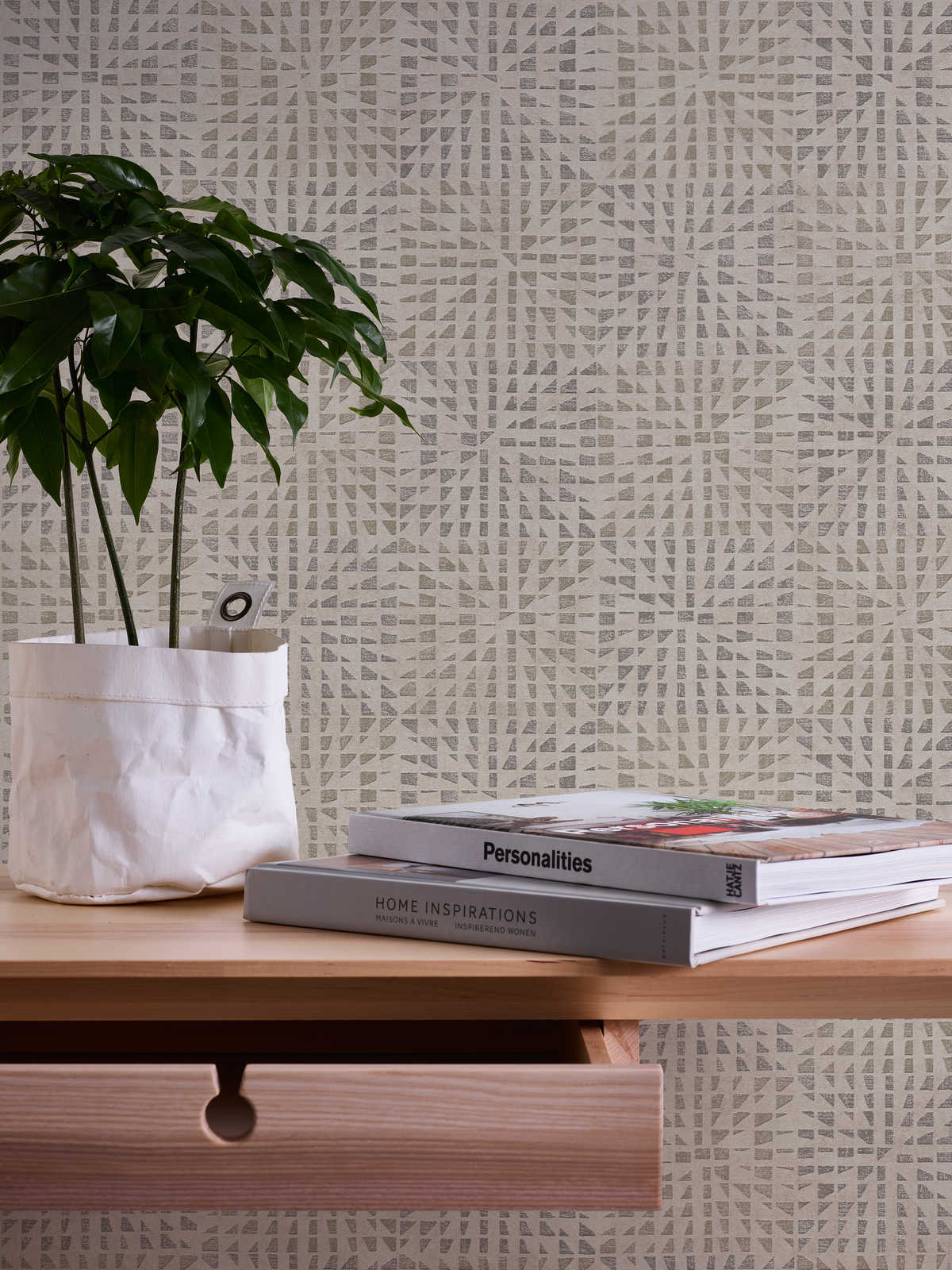             Ethno Tapete mit Strukturmuster & Mosaik-Effekt – Grau, Beige
        