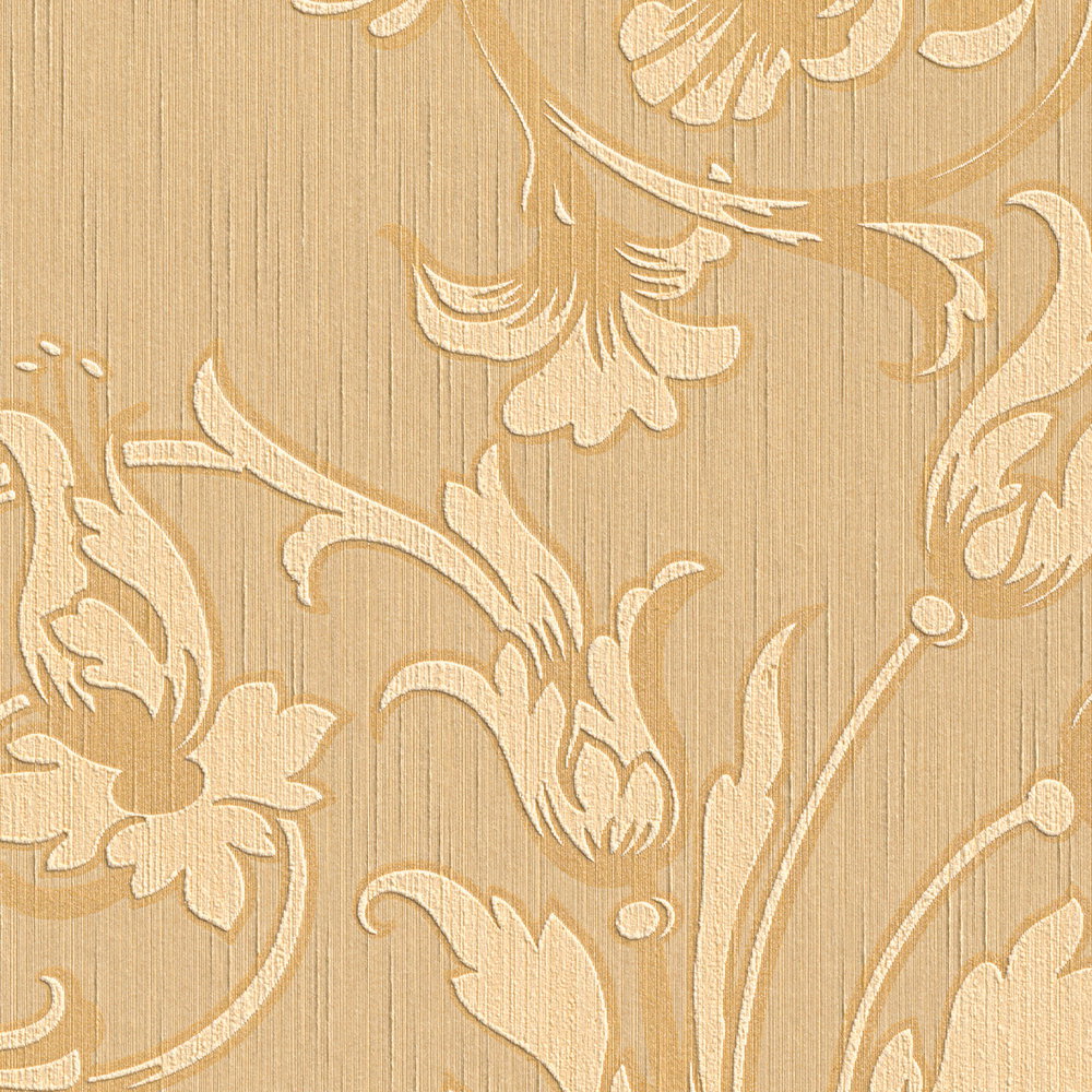             Barock Tapete mit Ornamenten Seiden Textiloptik – orange, Beige
        