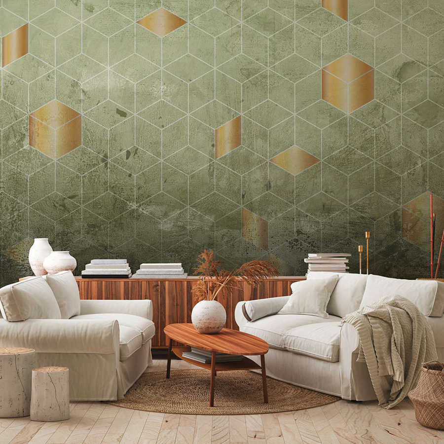         Papier peint panoramique motifs carrés avec effet 3D - vert, or
    