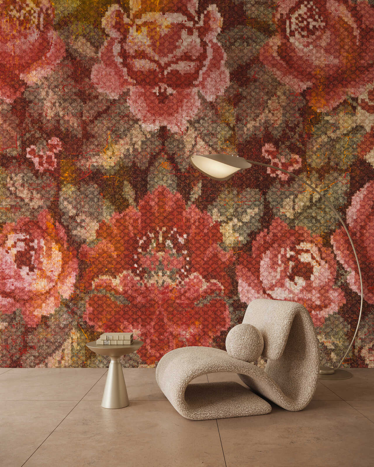 Rosenmuster, Wandtapete, Teppich-Design, roter Hintergrund, möbel-ähnliche Skulptur