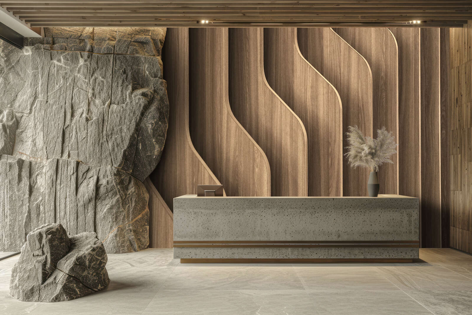 Empfangstresen, Beton-Counter, Holzwandverkleidung, Steinwand, Dekorvase