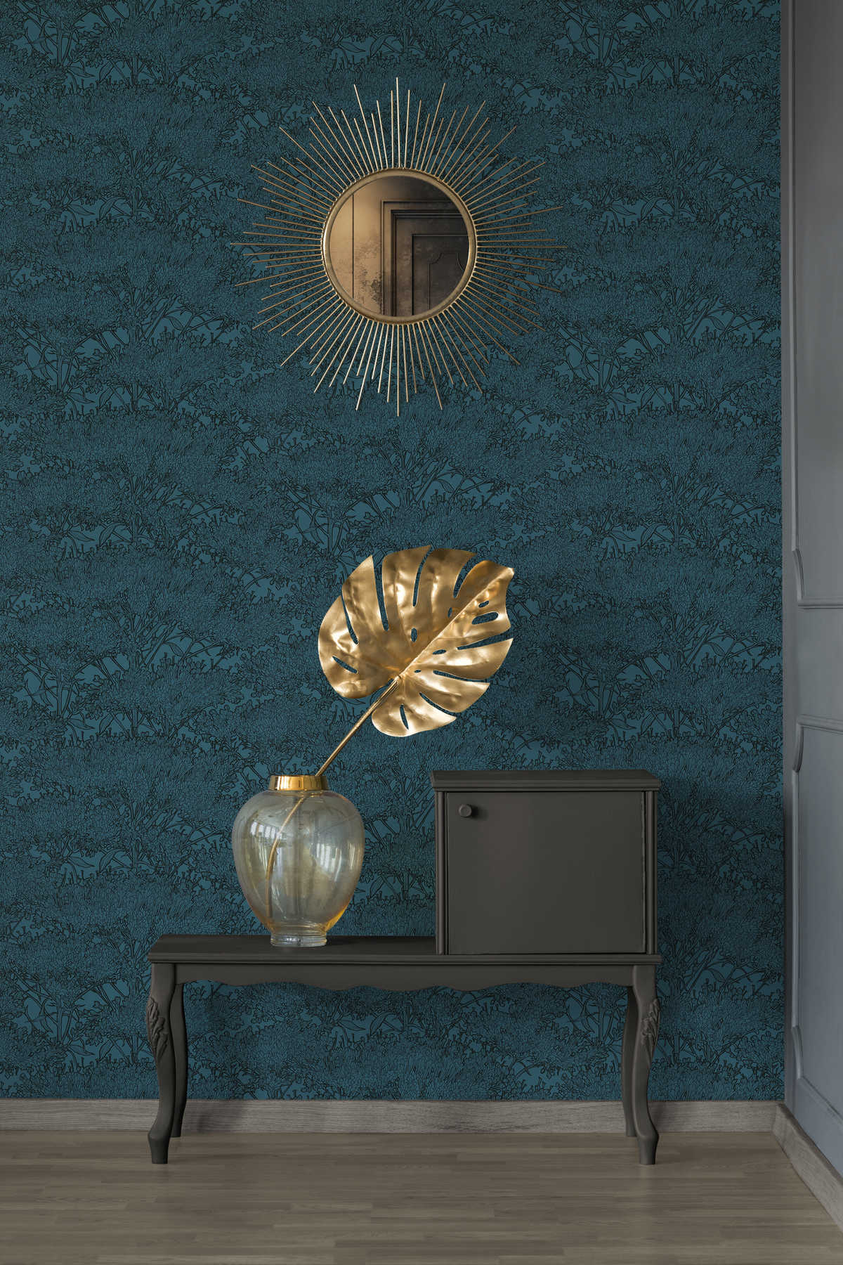             Petrolfarbene Blumentapete mit schwarzen Konturen – Blau, Schwarz
        