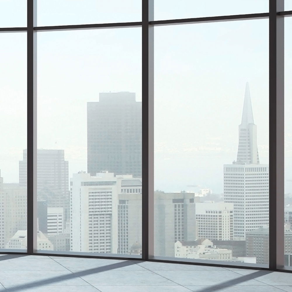            3D Optik Fototapete – Panorama Fenster mit Blick auf moderne Skyline – Grau, Weiß
        
