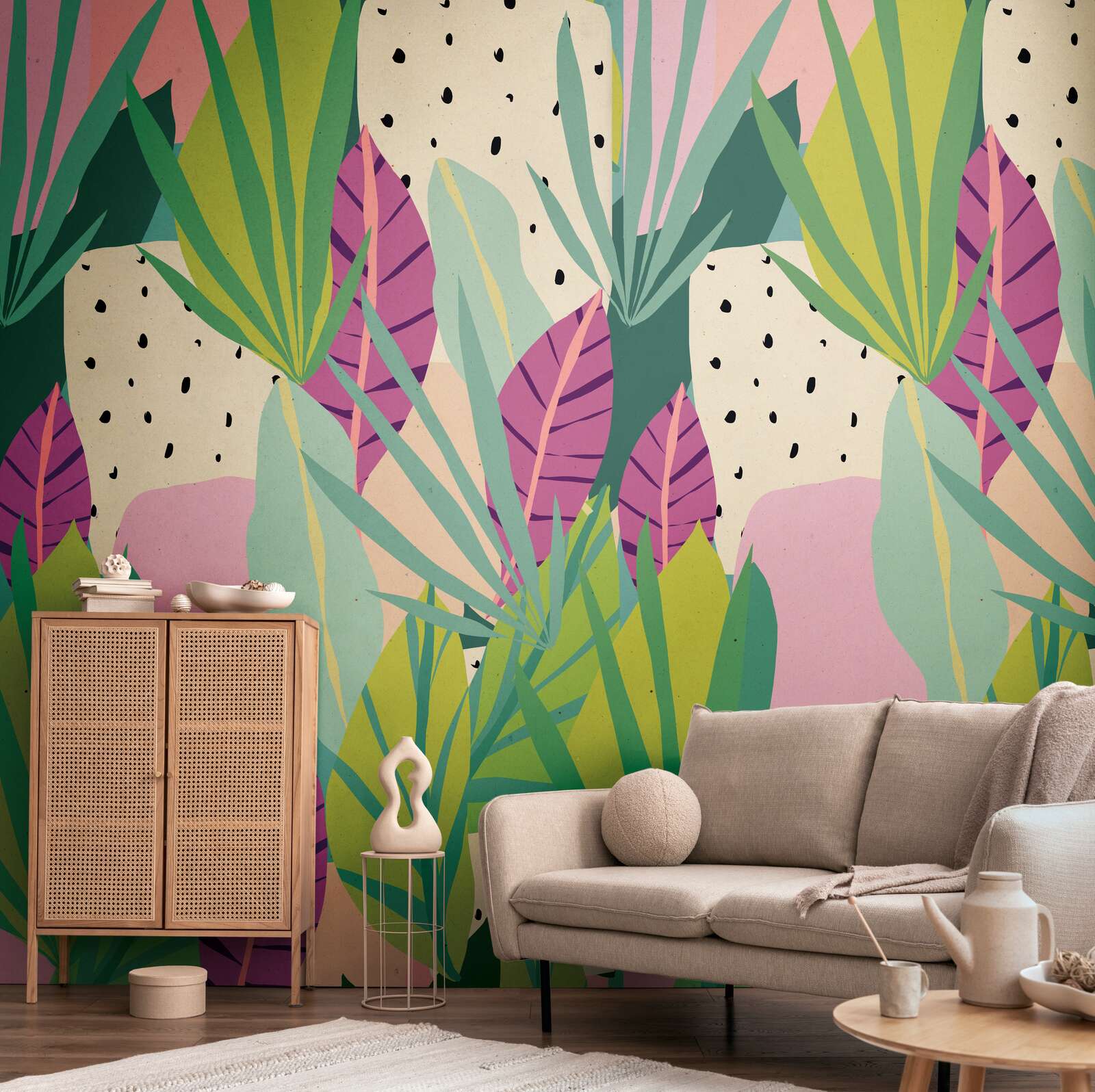         Non-woven wallpaper panel "Jungle Vibes" 159cm wide x 280cm high - Vibrant leaf design in bold colours, smooth - Multicoloured
    