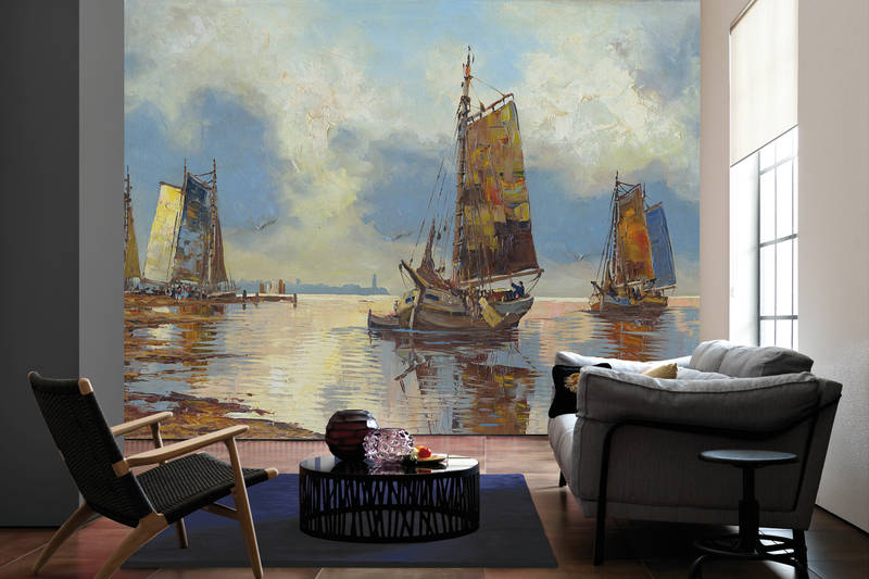 Segelboot, Segelboote, Hafenlandschaft, Wasserspiegelung, Leinwandbild