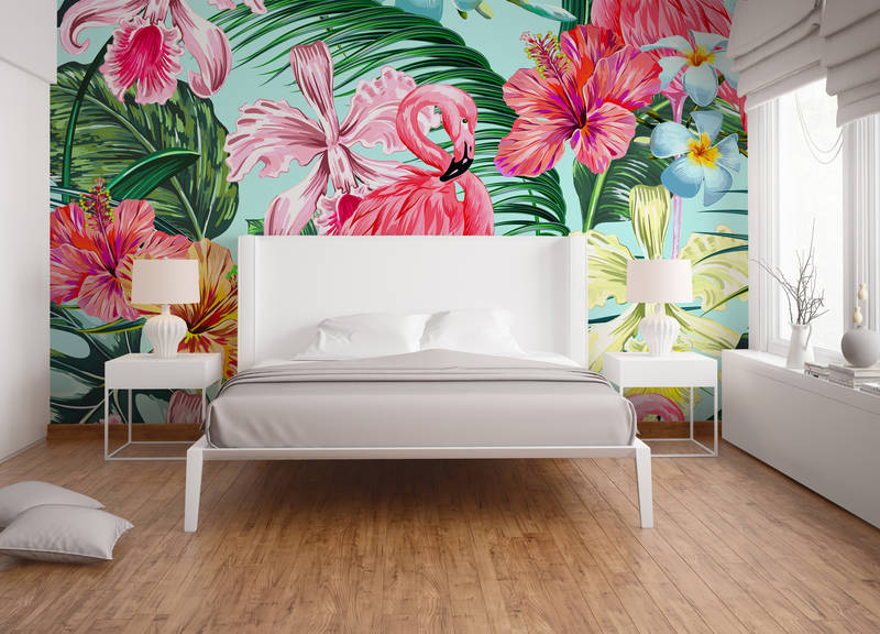 tropical mural, flamingo decor, bedroom wall, bold wallpaper, neutral bed frame