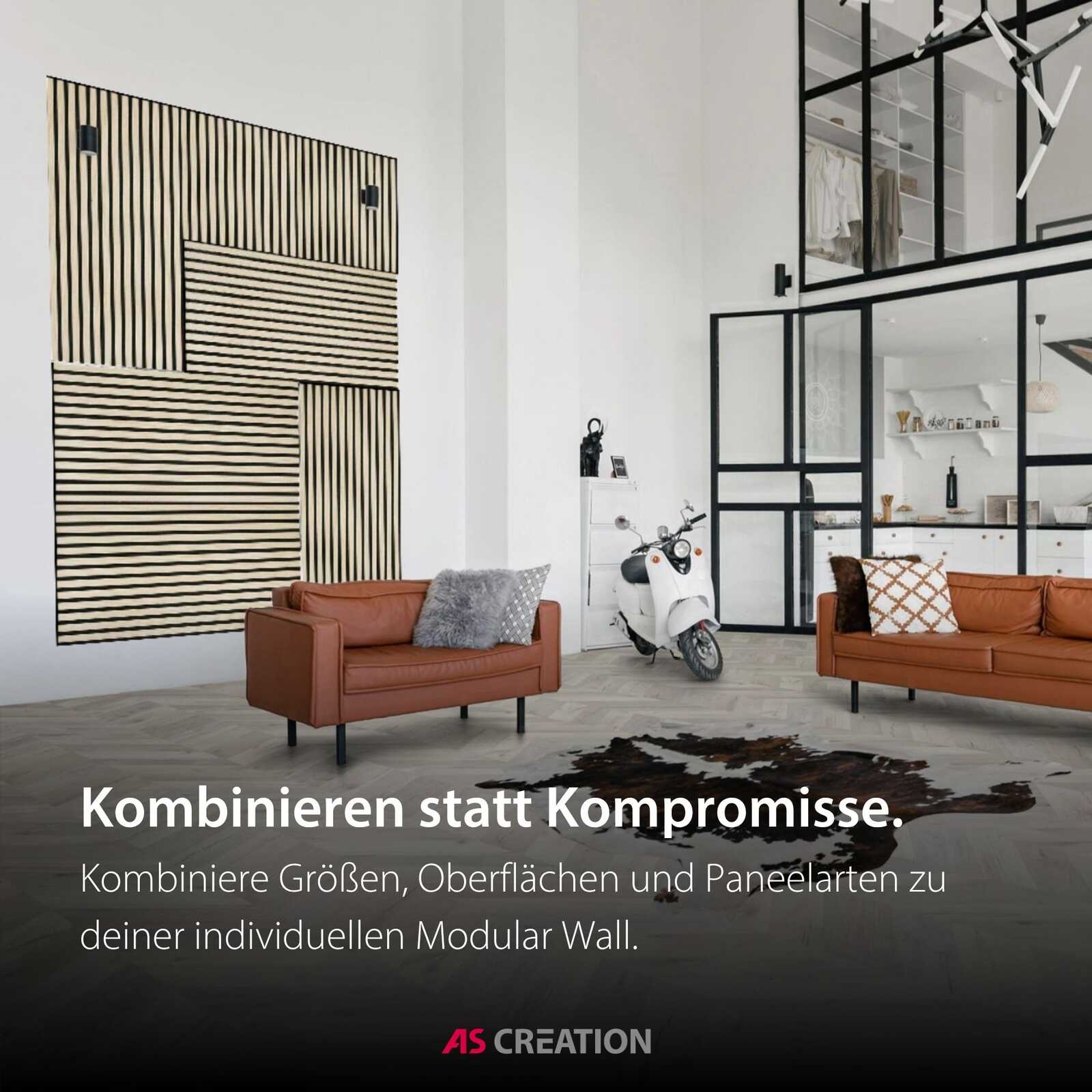 Wohnzimmer, Modulares Wandpaneel, Ledersofa, Orange Farbe, Musterteppich