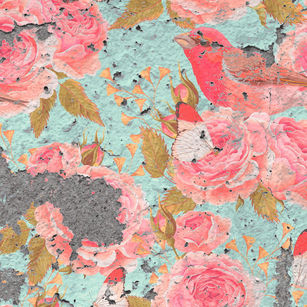             Urban Vintage Vliestapete – Fototapete mit Rosenmotiv und Used-Look – Rosa, Grau
        