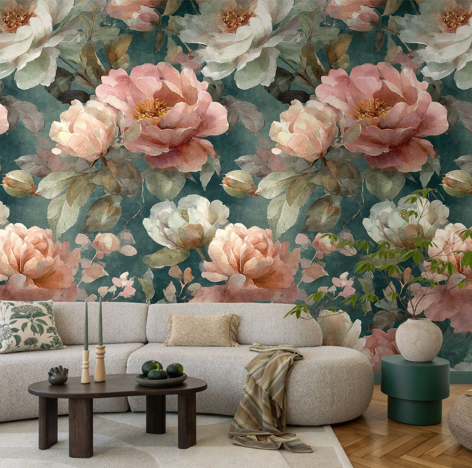 wallpaper,  Florales Muster,  rosa Blumen,  türkis Hintergrund,  Wohnkultur