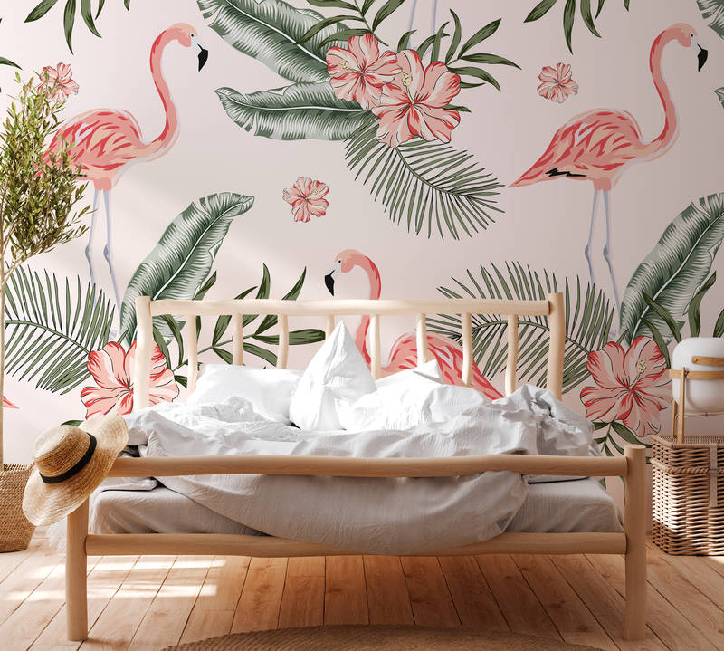             Flamants roses et plantes tropicales - Blanc, Rose, Vert
        