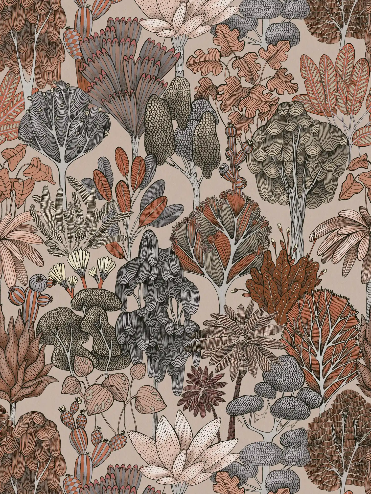         Wallpaper brown beige with floral pattern in doodle look - beige, red, orange
    