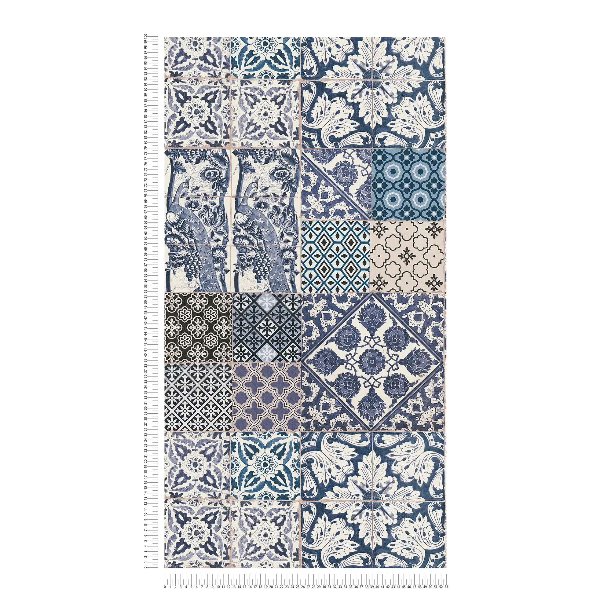             Tapete in Fliesen & Mosaik Design – Blau, Creme, Weiß
        