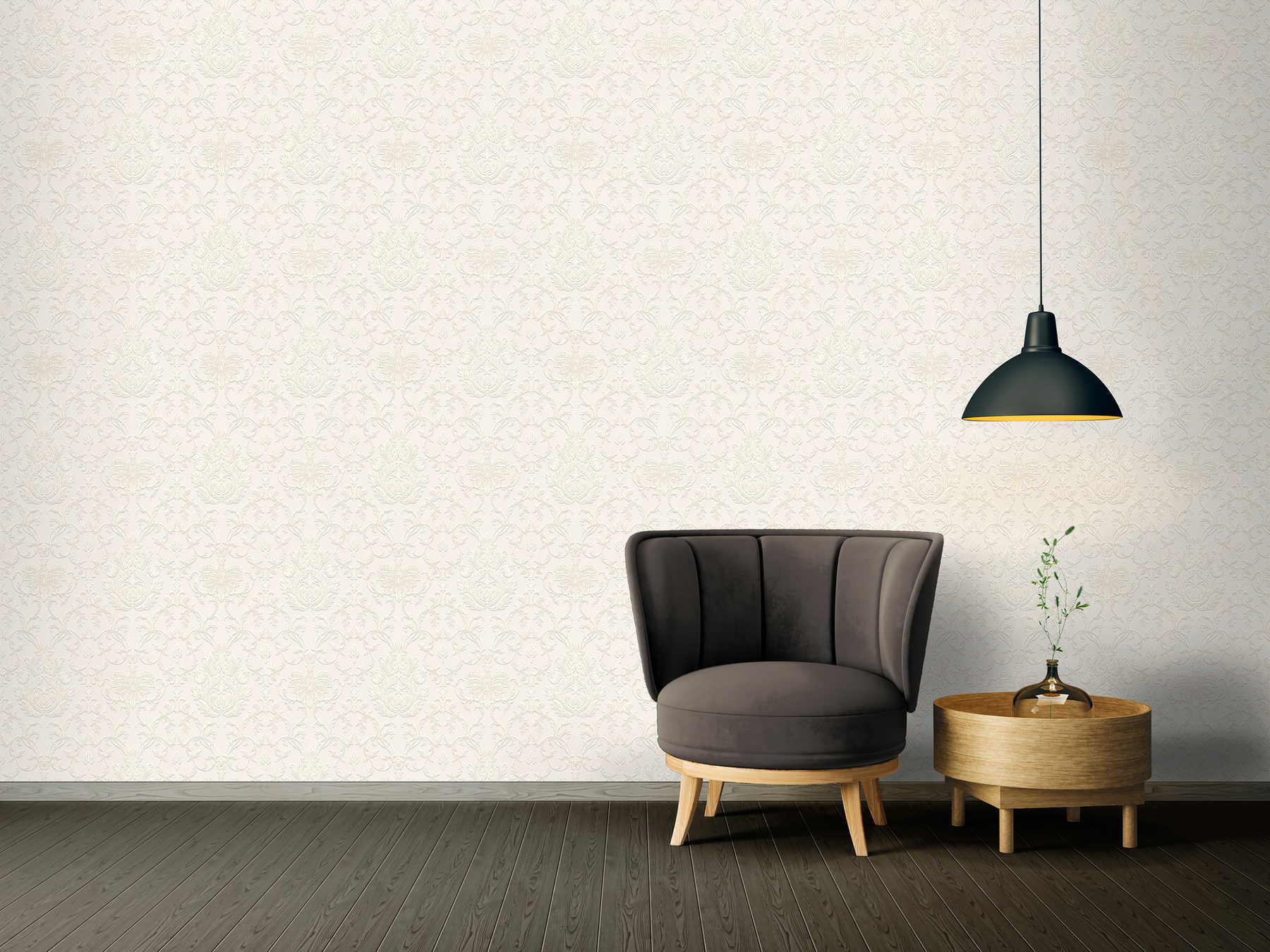 Glitzer Effekt Tapete mit 3D Ornament Design – Weiß