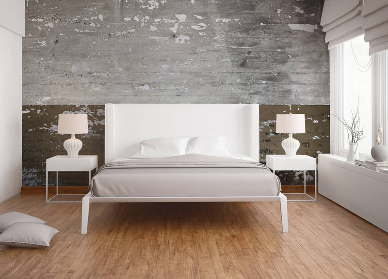 bett, bettgestell, nächte tische, lampe, holzboden