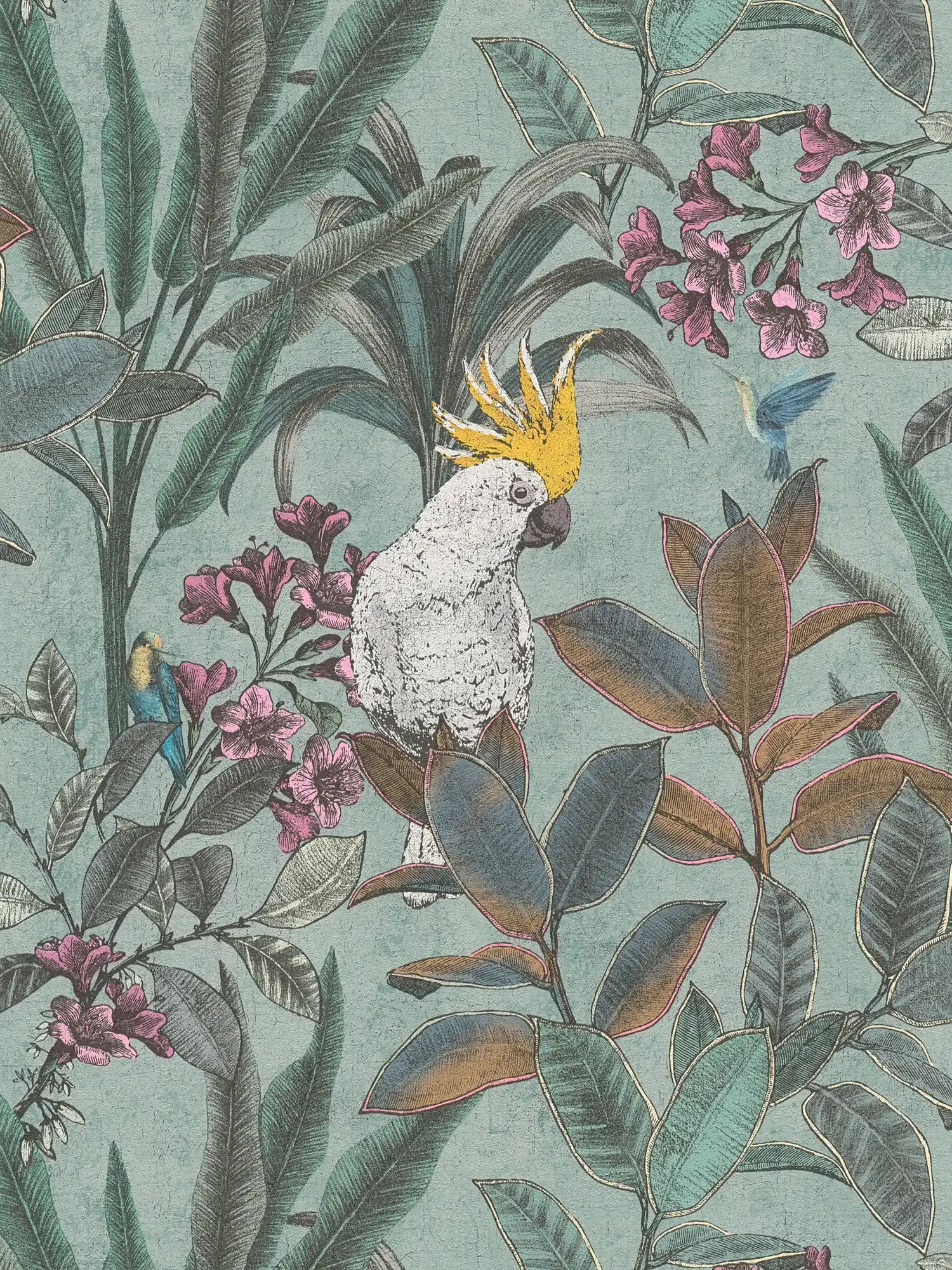         Vliestapete Dschungel mit Papagei im Vintagedesign – Grün, Blau, Pink
    