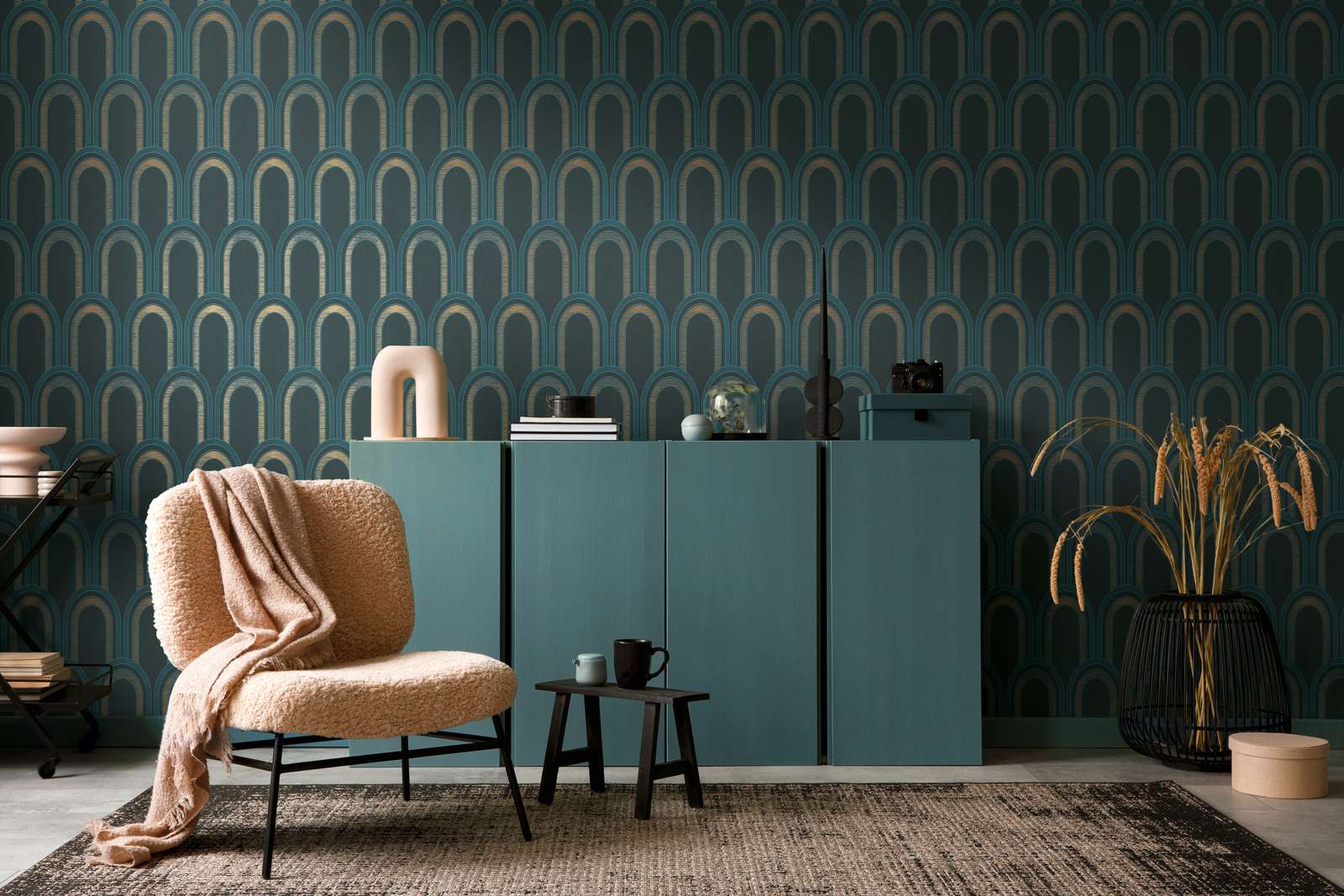 Tapete mit Bogenmuster und Glanzeffekt – Petrol, Blau, Gold