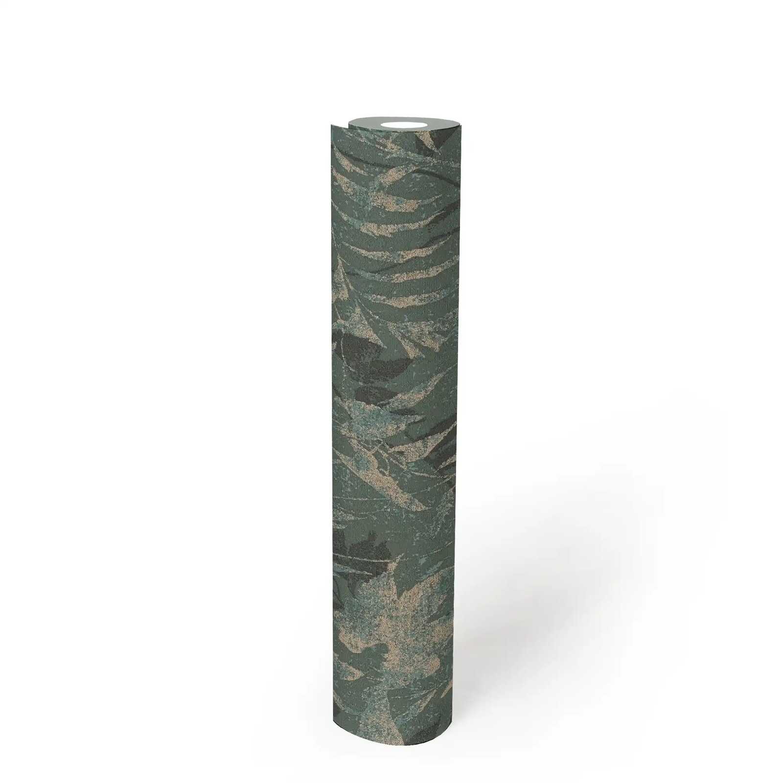 Lebendige Vliestapete mit Blättermotiv und feiner Struktur – Blau, Grün, Gold