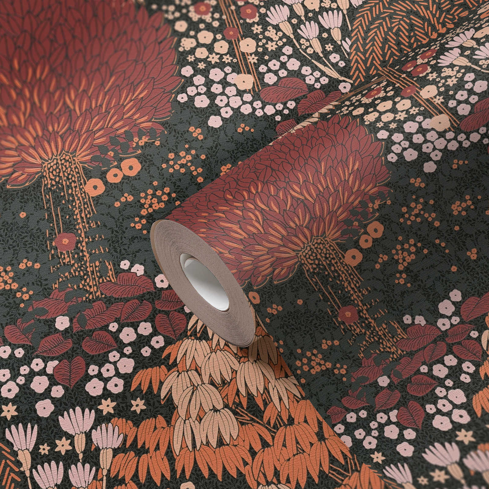             Vliestapete floral mit Blättern leicht strukturiert, matt – Schwarz, Rot, Rosa
        