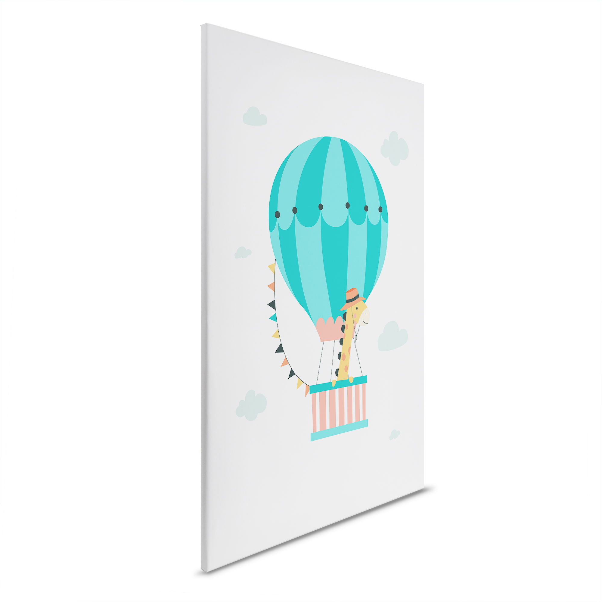         Chambre d'enfant toile vol animal - girafe en montgolfière sur toile - 30 x 45 cm - Blanc, Vert
    