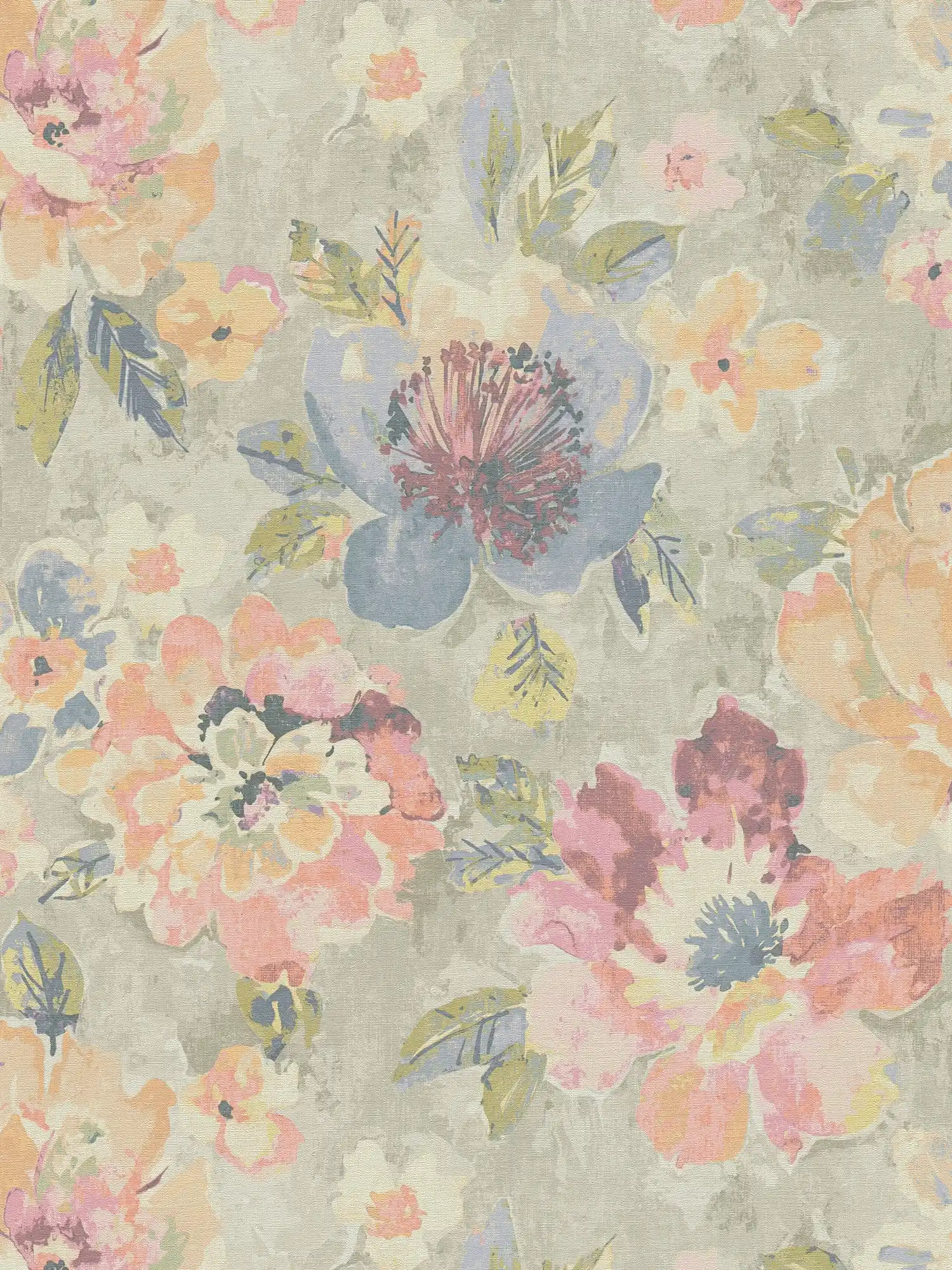 Vliesbehang met bloemen in aquarel en vintagelook - kleurrijk, grijs, roze