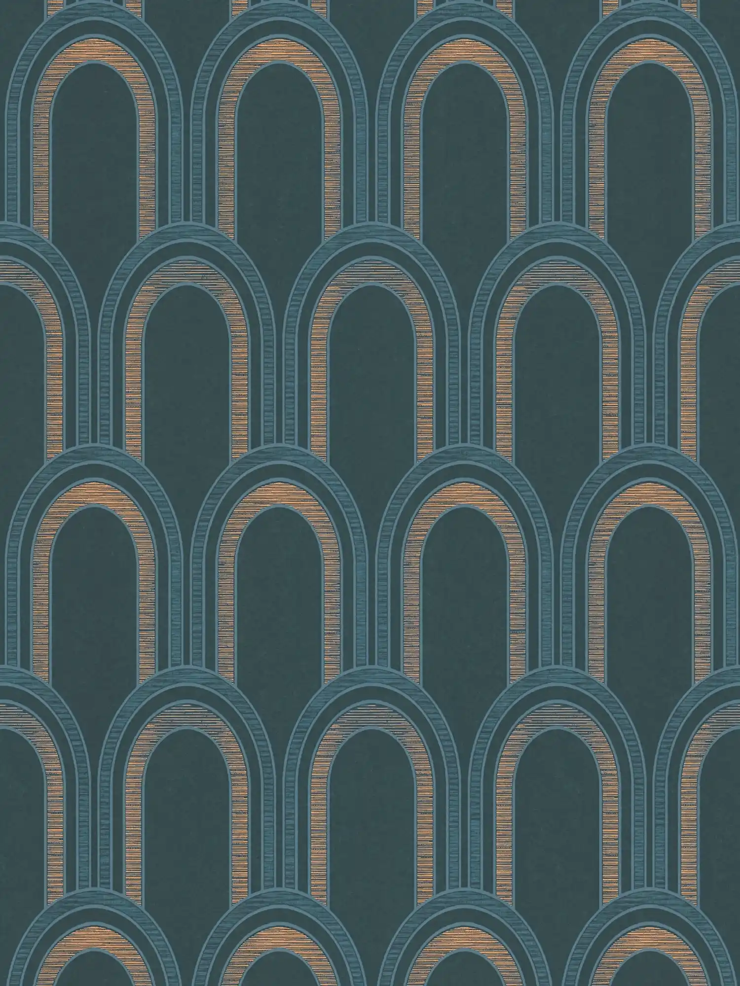Papier peint avec motif en arc et effet brillant - pétrole, bleu, or
