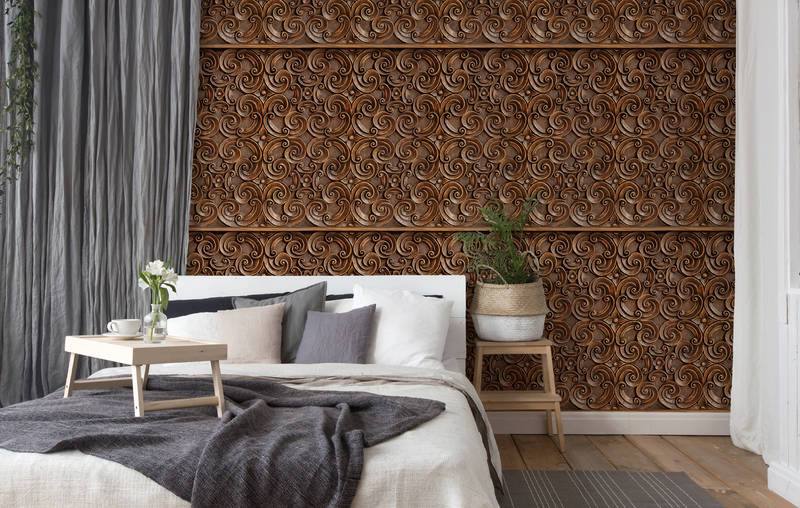 bett, wohnzimmer, wandpaneele, holzmuster, pflanze