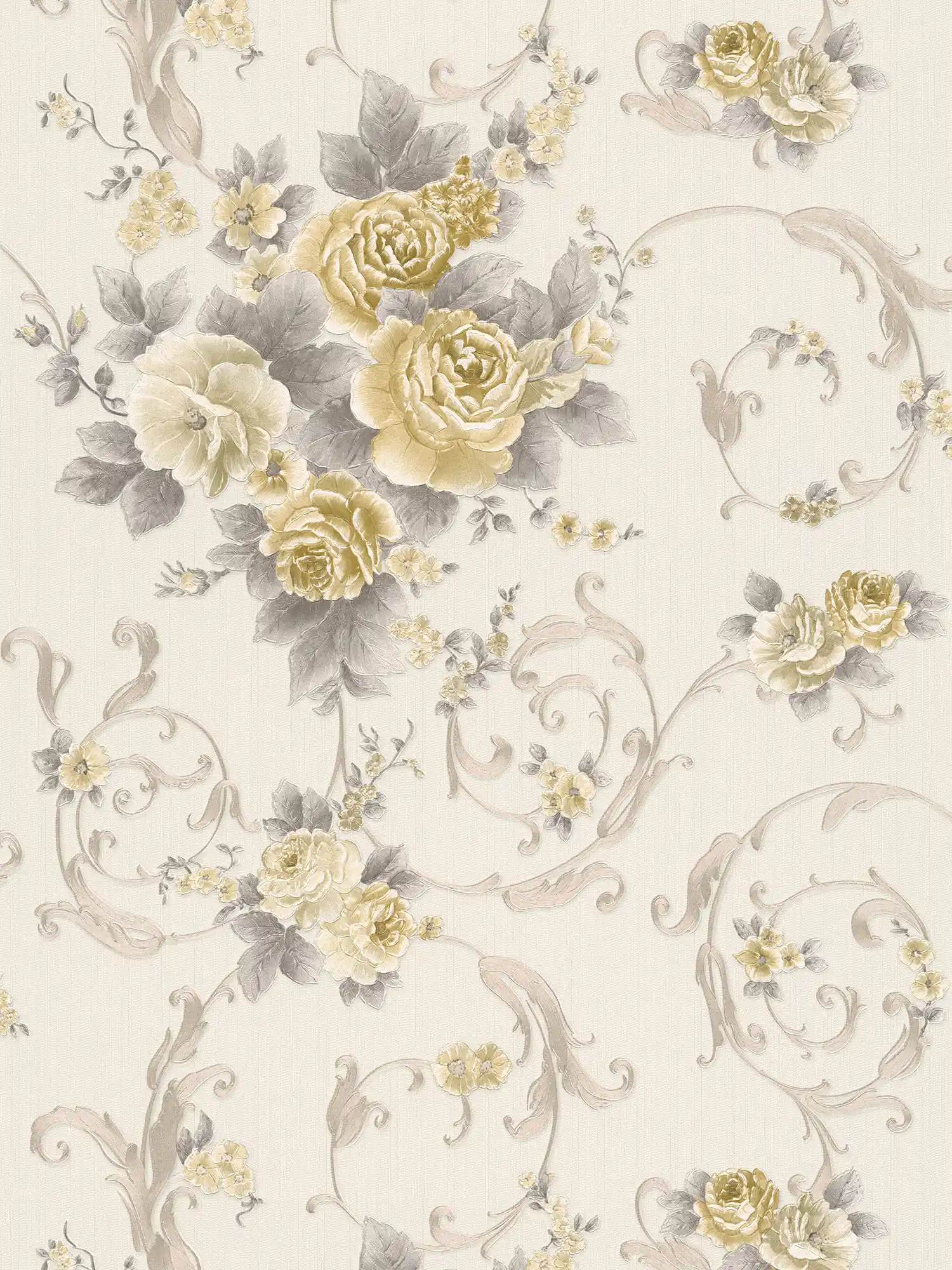         Rozenblaadjesbehang met metallic effect in landelijke stijl - grijs, goud, wit
    
