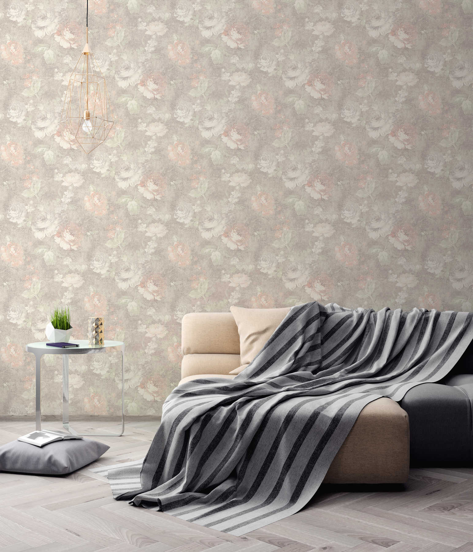 Natürliche Blumen Tapete Vintage &amp; Leinenoptik – Braun, Creme, Rot
