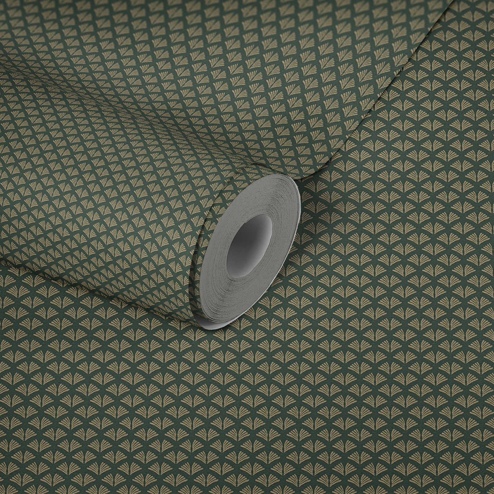             Tapete Dunkelgrün mit Gold Muster im Retro Stil – Grün, Metallic
        