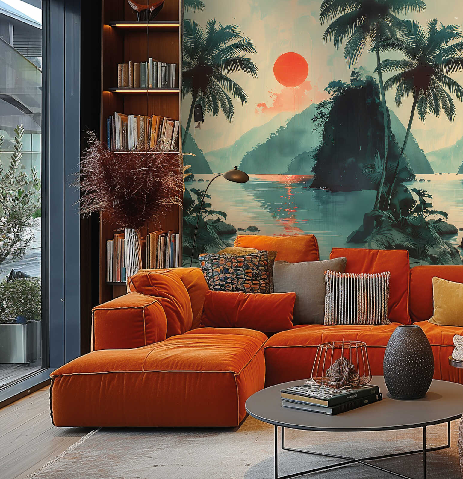 Vliestapeten Panel 'Tropical Sunset' 159cm Breite x 280cm Höhe - Malerischer Sonnenuntergang am Wasser mit Palmen – Bunt
