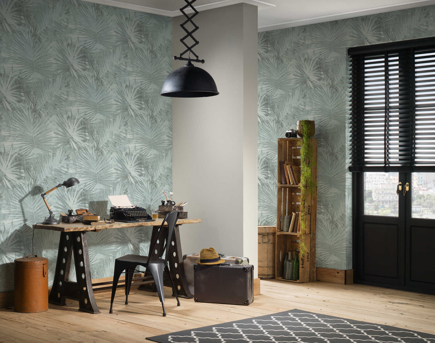 Arbeitszimmer, Schreibtisch, Tapete, Lampe, Teppich