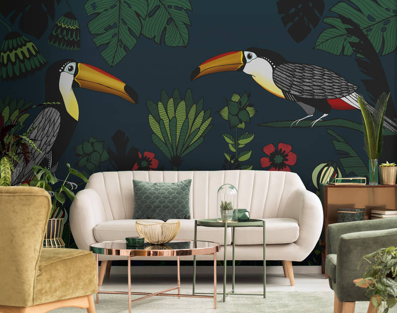 tapestry, wall mural, tropical birds, Toucan, leaf pattern