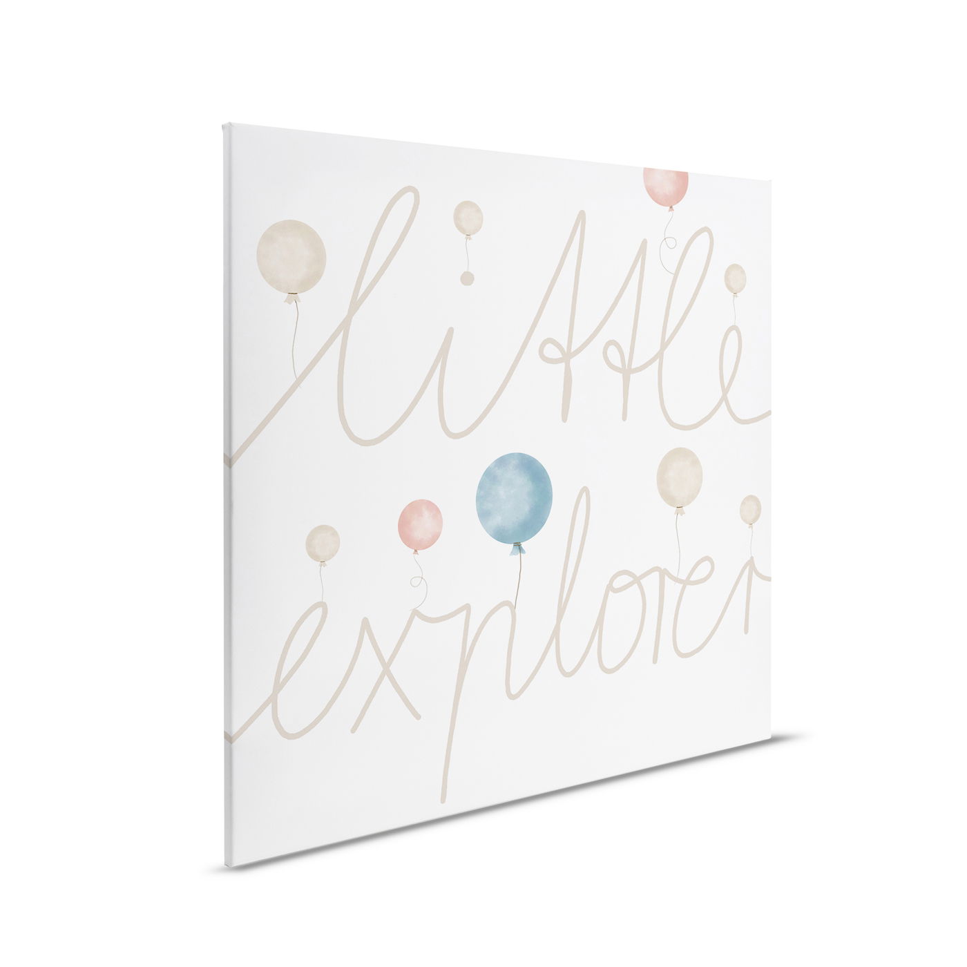         Kinderzimmer Leinwandbild Little Explorer - Zarte Schriftkunst mit Ballonmotiv für kleine Abenteurer – 30 x 30 cm - Beige, Blau
    