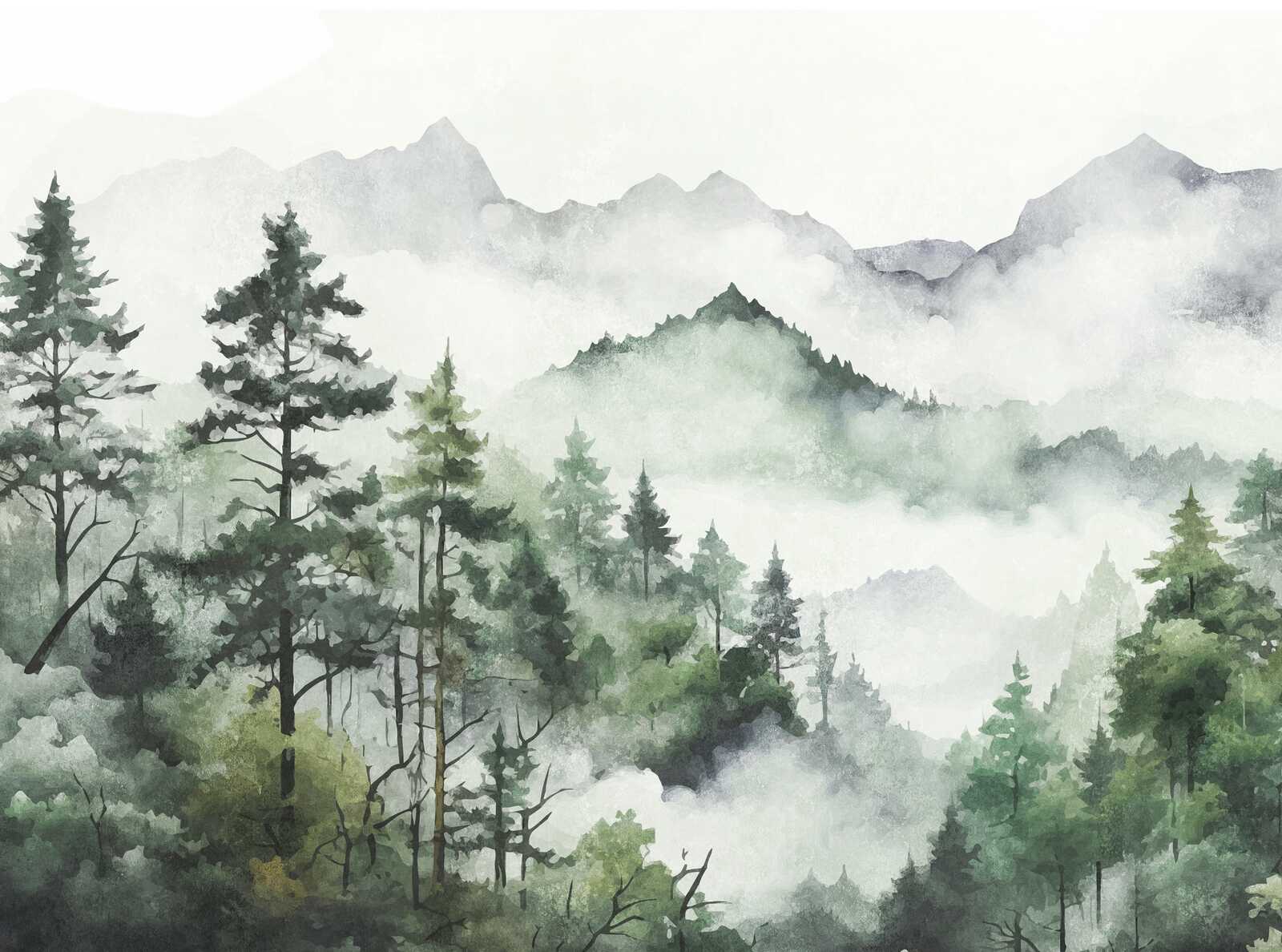             Malerische Waldlandschaft Fototapete im Aquarell-Design als Vliestapete – Grün, Weiß, Grau
        