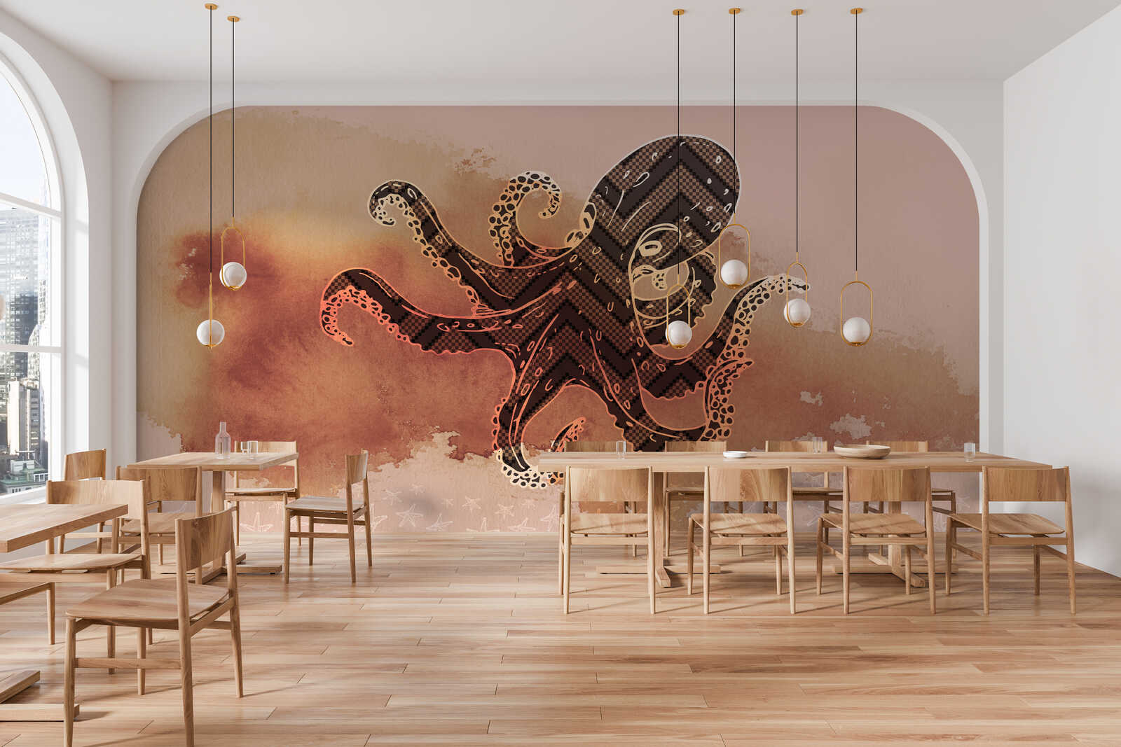Päppelwand, Kunstwand, Oktopus Wandbild, roter Hintergrund, Restaurantdekoration